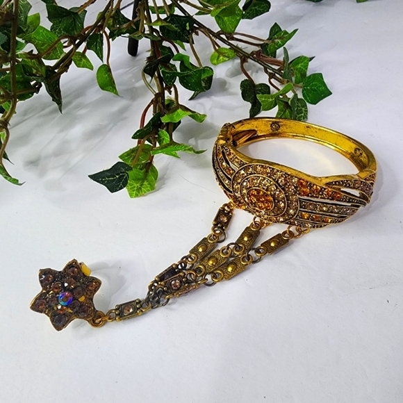 Statement Gold Hinge / Clamper Bracelet with Crystals and Attached Ring New - Picture 3 of 10